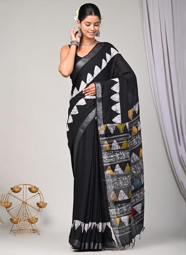 Linen Black Casual Wear Printed Saree